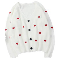 Heart-themed Embroidered Knit Single-Breasted V-Neck Sweater Coat