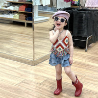 Girls' Hollow Knitted Short Tassel Camisole National Style Top Thin Cake Shorts Two-piece Set