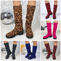 Leopard-print Suede Block-heeled Versatile Pleated Booties