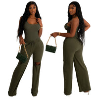 U-collar Jumpsuit Ripped Wide-leg Pants Suit