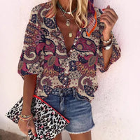 Loose-fit Button-up Retro Print Casual Shirt