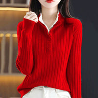 Fake Two-piece Half-open Collar Button-up Sweater Women