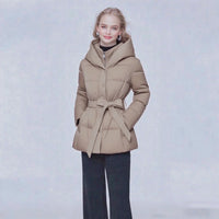 Women's Short Waist-cinching Slim-fit Hooded Tie-front Warm Coat