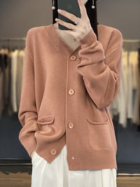 V-neck Solid Color Double Pocket Buckle 100 Cotton Thread Long Sleeve Lazy And Loose Casual Spring Knitted Cardigan For Women