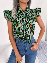 Women's Casual Leopard Print Ruffle Trim Tie Chiffon Blouse Top