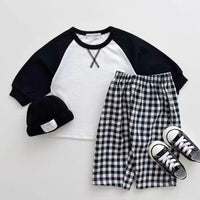 Korean Style Ins Stitching Sleeves Top Plaid Trousers Combination Suit
