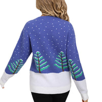 Blue Jacquard Long Sleeve Round Neck Christmas Knitted Pullover Leisure Sweater