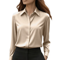Solid Color Long Sleeve Lapel Satin Blouse