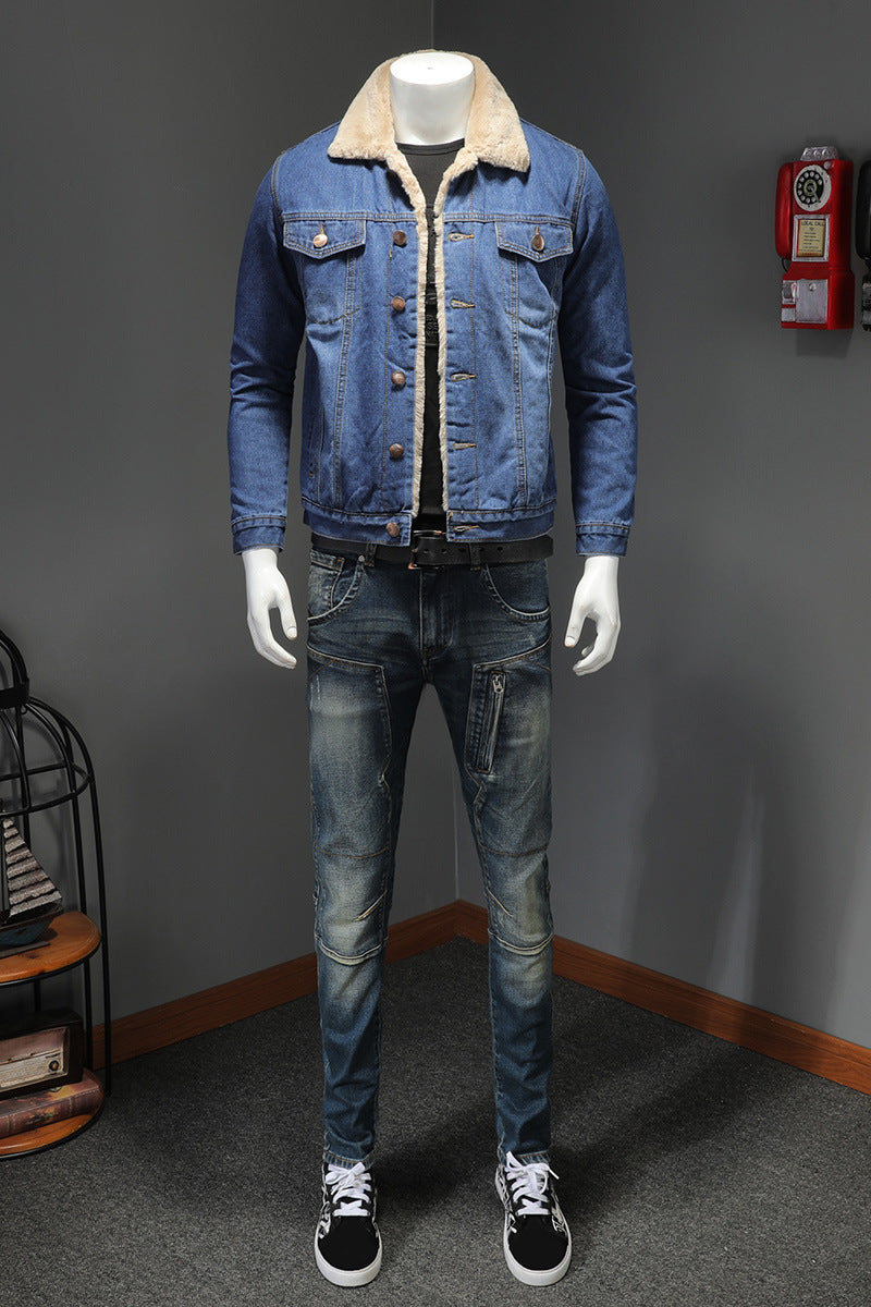 Men's Japanese Trendy Fleece-lined Thickened Denim Jacket Coat