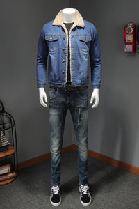 Men's Japanese Trendy Fleece-lined Thickened Denim Jacket Coat