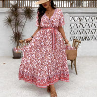 Women's Retro Printed V-Neck Long Dress Women's Pullover
