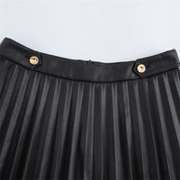 Autumn New Women's High Waist Slimming Faux Leather Wide Pleated Skirt