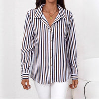 Womens Single-breasted Long-sleeve Casual Striped Shirt