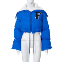 Letter Fur Collar Zipper Drawstring Women's Casual Cotton-padded Jacket Top