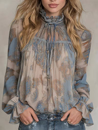 Womens Retro Long-Sleeve Stand-Neck Lace-Up Ruffle Flare-Sleeve Shirt