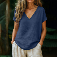 Women's Cotton-Linen Short-Sleeve V-Neck Pullover Top