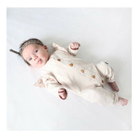 Solid Color Round Neck Long Sleeve Button Hair Band One-piece Romper