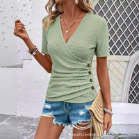 Women's V-neck Pleated Short Sleeves T-shirt