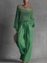 Womens Comfortable Hollow-Out Knitted Top And Linen Pants Two-Piece Set