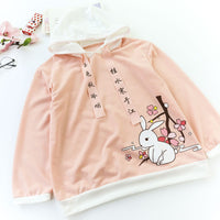 College Style Versatile Cartoon Soft Girl Cute Rabbit Print Wide Hooded Long Sleeve Sweater Woman