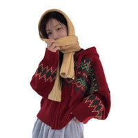 European Style Contrast Color Fair Island Jacquard Loose-fitting Long Sleeve Hoodie Sweater Coat