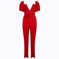 V Puff Sleeve Skinny Slim Cover Hip Jumpsuit