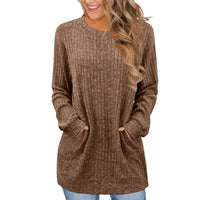 Casual Patchwork Crewneck Long-Sleeve Solid-Color Ribbed Sweater