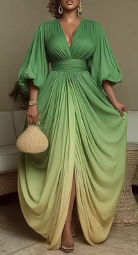 V-neck Stylish Elegant Printed Pleated Loose-fit Figure-flattering Dress