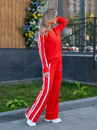 Womens Striped Loose-Fit Long-Sleeve Half-Zip Hoodie With Drawstring And Matching Sweatpants Set