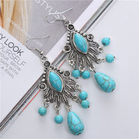 Fashionable Bohemian Vintage Carved Turquoise Teardrop Tassel Earrings