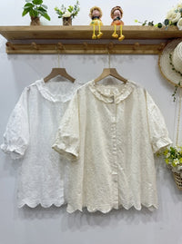 Turn-down Collar Japanese-style Cotton-linen Short-sleeve Shirt