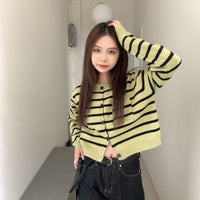 Green Striped Sweater Open Autumn Inner Wear Blouse Long Sleeve Cardigan Retro Cropped Sweater Coat Women
