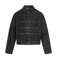 American Retro Airplane Buckle Pleated Gem Button Design Denim Jacket