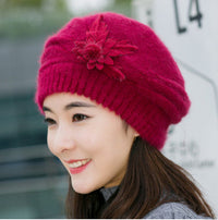 Women's Korean Style Flower Rabbit Fur Hat Thickened Warm Knitted