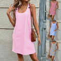 Striped Summer Crew-Neck Buttoned Suspender Pocket Casual Dress
