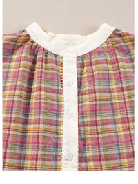 Colorblock Plaid Patchwork Henley Blouse