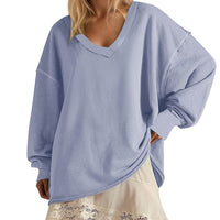 New Solid-color V-neck Loose-fitting Long-sleeve Top For Women