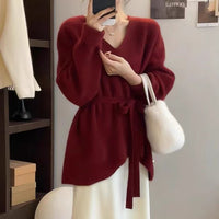 French Style Sweater Women's Mid-length Lazy Design Lace-up