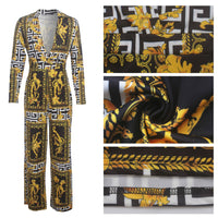 Fashion Digital Printed Long Sleeve V-Neck Jumpsuit