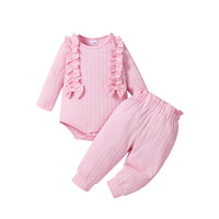 3 Piece Set Ribbed Frill Long Sleeve Romper And Pants Suit With Headscarf