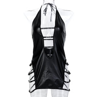 Black Pu Patent Leather Staring Beads Metal Hollow Halter Spaghetti Straps Sexy Nightdress