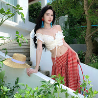 Youthful Red Plaid Skirt With Designer Flair Versatile Two-Way Skirt Set With A Strappy White Backless Top
