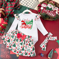 Girls' Baby Christmas Long-sleeve Jumpsuit Full Printed Headband Skirt Three-piece Set