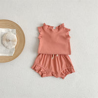 Summer Girls' Suit Rib Overall Dress Set Cotton Infant Flounced Sleeve Baby Girls' T-shirt Shorts Two-piece Suit