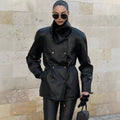 Women's Fashion Black Mid-length Leather Jacket