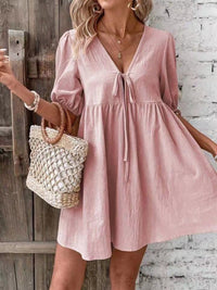 Loose-fit Woven Deep V-neck Designer Tie-front A-line Dress