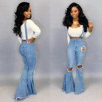 High waist denim flared pants with straps