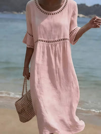 Elegant Casual Crew-Neck Three-Quarter-Sleeve Solid-Color Dress