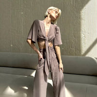 Fashionable Strappy Deep-V Top And Wide-Leg Pants Two-Piece Set