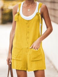 New Solid Color Round Neck Button Loose Short Jumpsuit